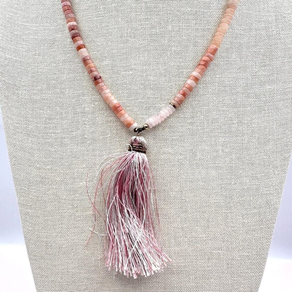 Vintage Peach Beaded Necklace Long Heishe Disc Strand Pink Thread Tassel Pendant